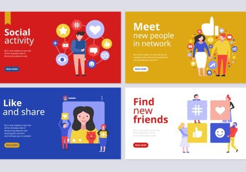 Social media concept 4 flat banners web page design for joining network groups finding friends vector illustration SSUCv3H4sIAAAAAAACA01RTWvDMAz9K0LnsG5sp9zLYDAo625lB8VRMq+OFGwnXSn575P7xW560rP03vMJG0reYX1CH8KUcqTsVbB+qpBbnzV6Clg/LhWmTHlKnIxryFHm3qZnfFuyO5U+1rhhHQOjPZoag+8+OQ6BhHVKuFQ32ie7b9Gg/fFOXQd2Oap4Z8SvCqlnccdy045GDkxnCTsb7Q+Z43DVM/uW9VLS1PpS4qyOgs2fi17zpkPp9pHGb++inzkW3HJyVuBWnXmFwWwTOBXHY4YX6AJlaEiEY4IDNzCaJLBHvhfoNMKPevHSg3A+aNxDH3UaE3Re2tLuLCNpE8zmy9j/U36AtUVMTWBYb7ZA0sKHcdlYAm+b17J+sKAqzL8lLqyuuV12pdVV5URhle9RrkykMXVvn7gsyx+VcmBy4gEAAA==
