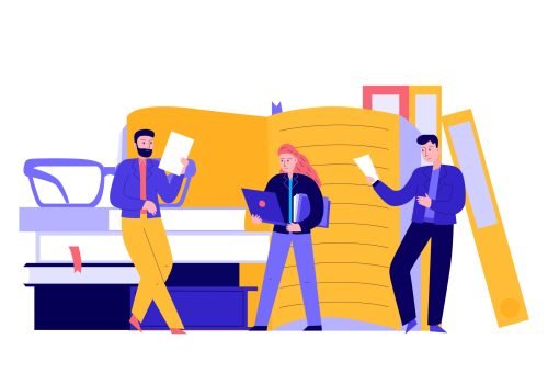 Lawyer justice law composition with doodle characters of lawyers with books and documents vector illustration